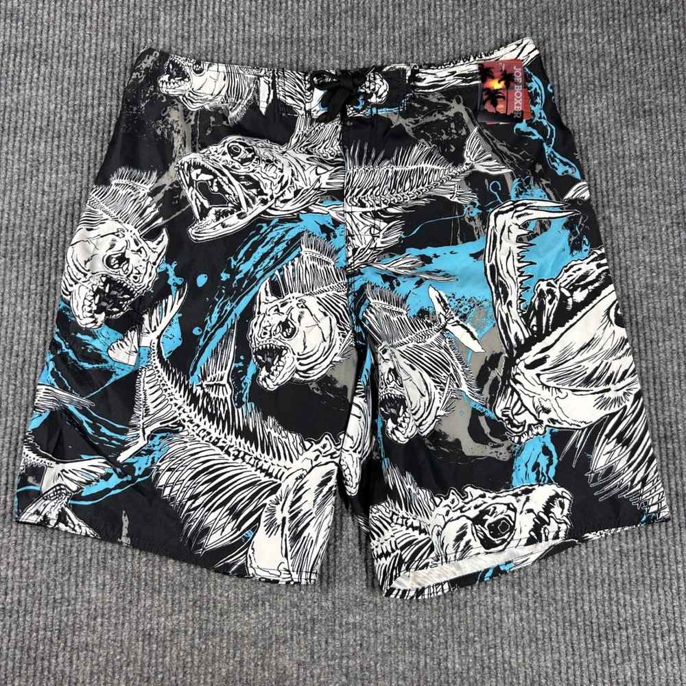 Joe Boxer Swim Trunks Mens 34 Board Black Blue Piranha Fish Skeleton